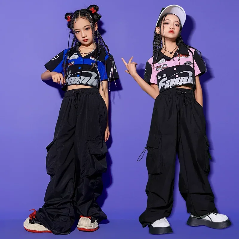 Fashion Girls Jazz Dance Costume Short Coat Black Cargo Pants Kids Hip Hop Outfits Teenagers Group Stage Performance Clothes Set