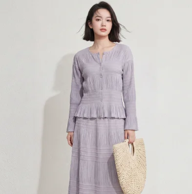 Женский плиссированный кардиган Miyake с рюшами, круглым вырезом, длинными рукавами и однобортной застежкой