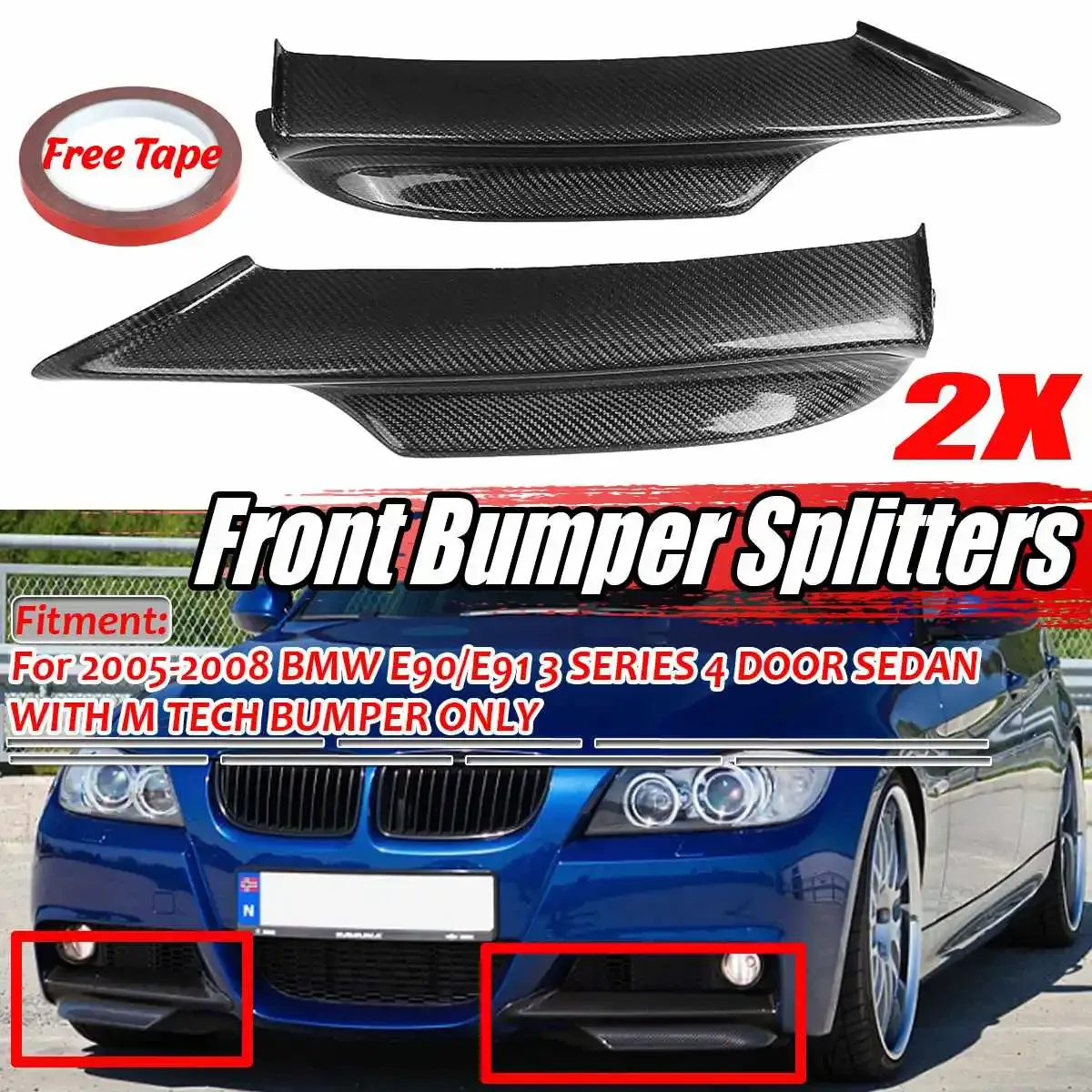 

2PCS Real Carbon Fiber E90 Car Front Bumper LipD Splitter iffuser Spoiler For BMW E90 E91 3 Series 2005-2008 4Dr M Tech Bumper