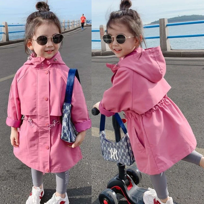 Spring Autumn Girls Jacket Long Style Solid Color Adjustable Waist Design Hooded Windbreak Coat For 3-10 Years Kids Outerwear