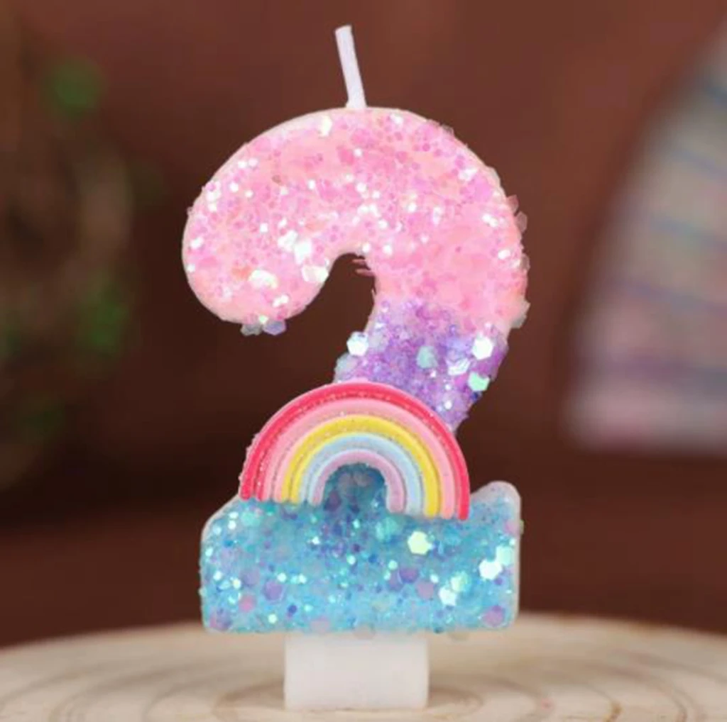 1 STÜCK Geburtstagszahl 0-9 Kerzen Regenbogenthema Geburtstagskerzen für Kuchen Rosa Grüne Ziffer Kerze Kuchendeckel mit Pailletten – Detail 5