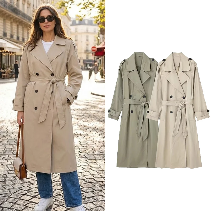 Willshela moda damska z paskiem solidny dwurzędowy trencz Vintage klapa z długimi rękawami kobiece eleganckie stroje damskie