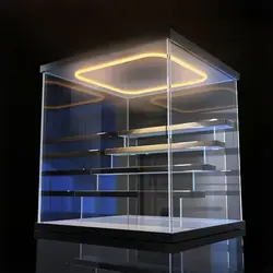 Ring LED Lighted Display Case with Steps and Door, Clear Acrylic Display Box for Collections, Desktop Dust Organizer for Model