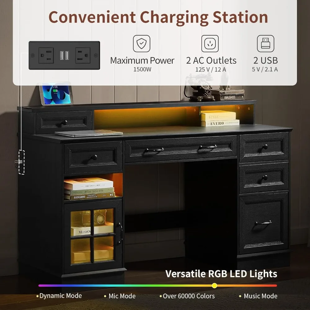 Administrative desk with drawers, computer desk with file drawers, power sockets, and LED lights, administrative desk