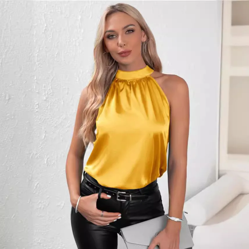 

Summer 2024 Ne Hanging Vest Women's Pure Color oulder Exposure French Sle Straight Cut Svel round Ne Top