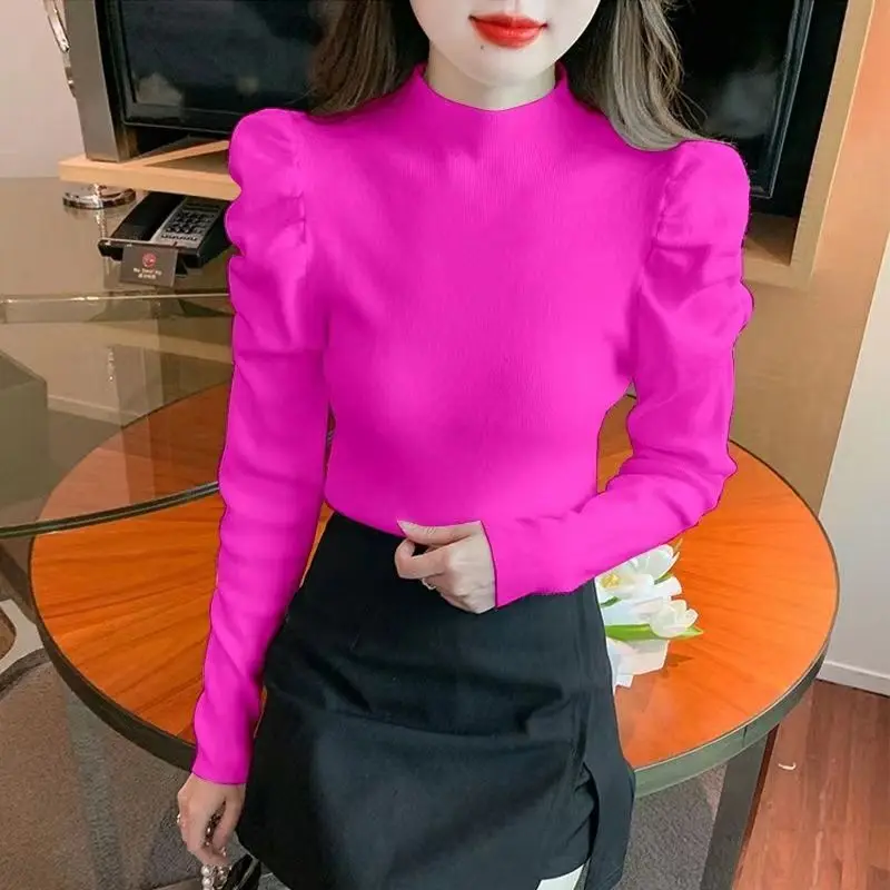 

Puff Sleeve Knit Sweater Semi Turtleneck Pullover Women 2025 Autumn Winter Office Wear Slim Fit Top