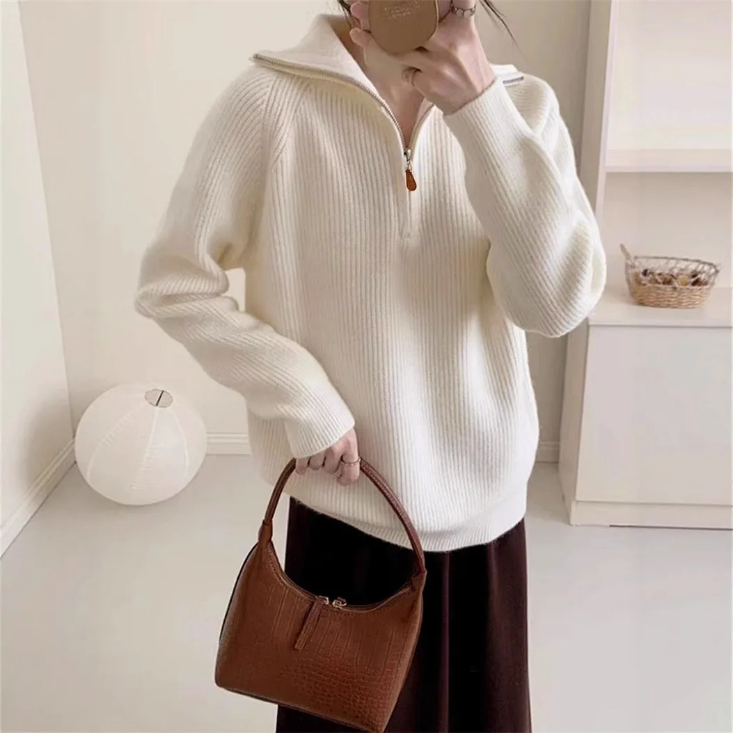 ゆったりとしたニットのアウターウェア、秋冬の新しいスタイル、女性用ハイカラーセーター、ハーフジップ、厚みのあるフリップカラー