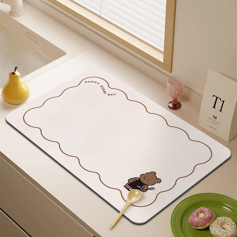 Minimalist Bear Print Kitchen Drying Mat Absorbent Dish Pad