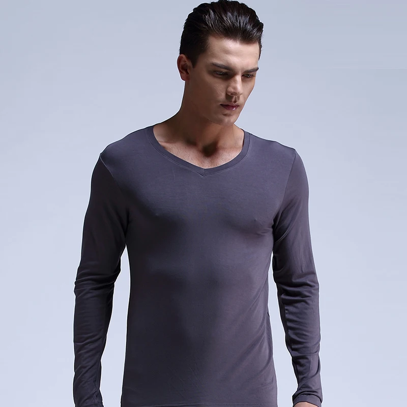 Men's Slim Fit Basic V-Neck Thermal Underwear, Single Piece Low-Neck Base Layer, Close-Fitting Thin Top