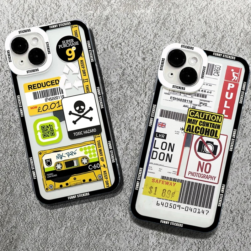 Fashion Stickers Phone Case For iPhone 13 14 12 11 Pro Max Mini X XS XR SE 7 8 Plus Covers Labels Collage Fundas Soft Bags