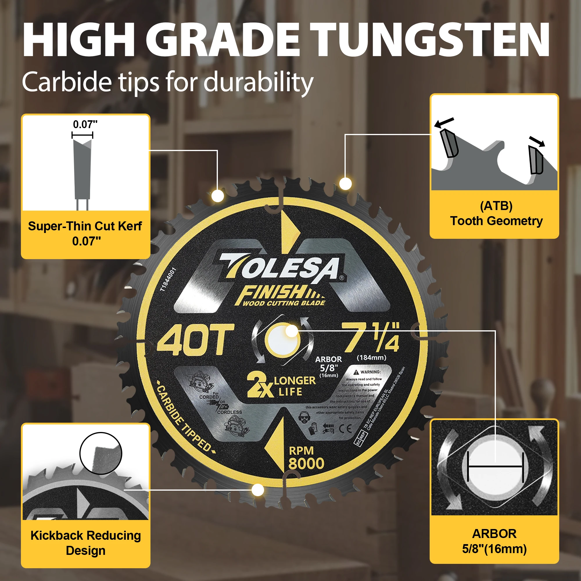 TOLESA 7-1/4" 40T Kreissägeblatt mit 5/8"(16mm) Dorn 3 Stück ATB Hartmetall Zähne Schneiden Framing Sägeblatt für Holz Sperrholz OSB