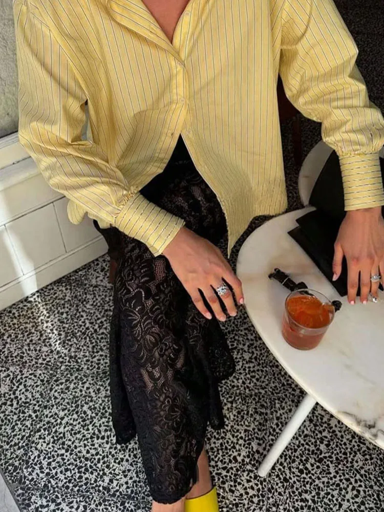 Hh 2025 elegante feminino amarelo listrado solto camisa feminina lapela mangas compridas botões blusas longas verão praia estilo topos