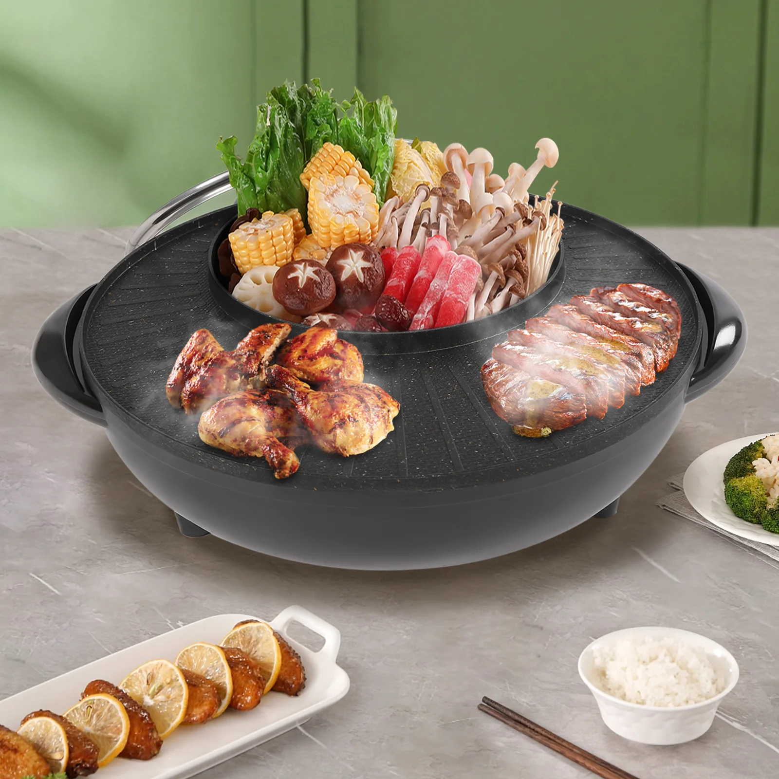 

Hot Pot with Grill 2 in 1 Electric Grill and Hot Pot Smokeless BBQ Pan Grill Shabu Shabu Teppanyaki Multifunctional Grill Pot