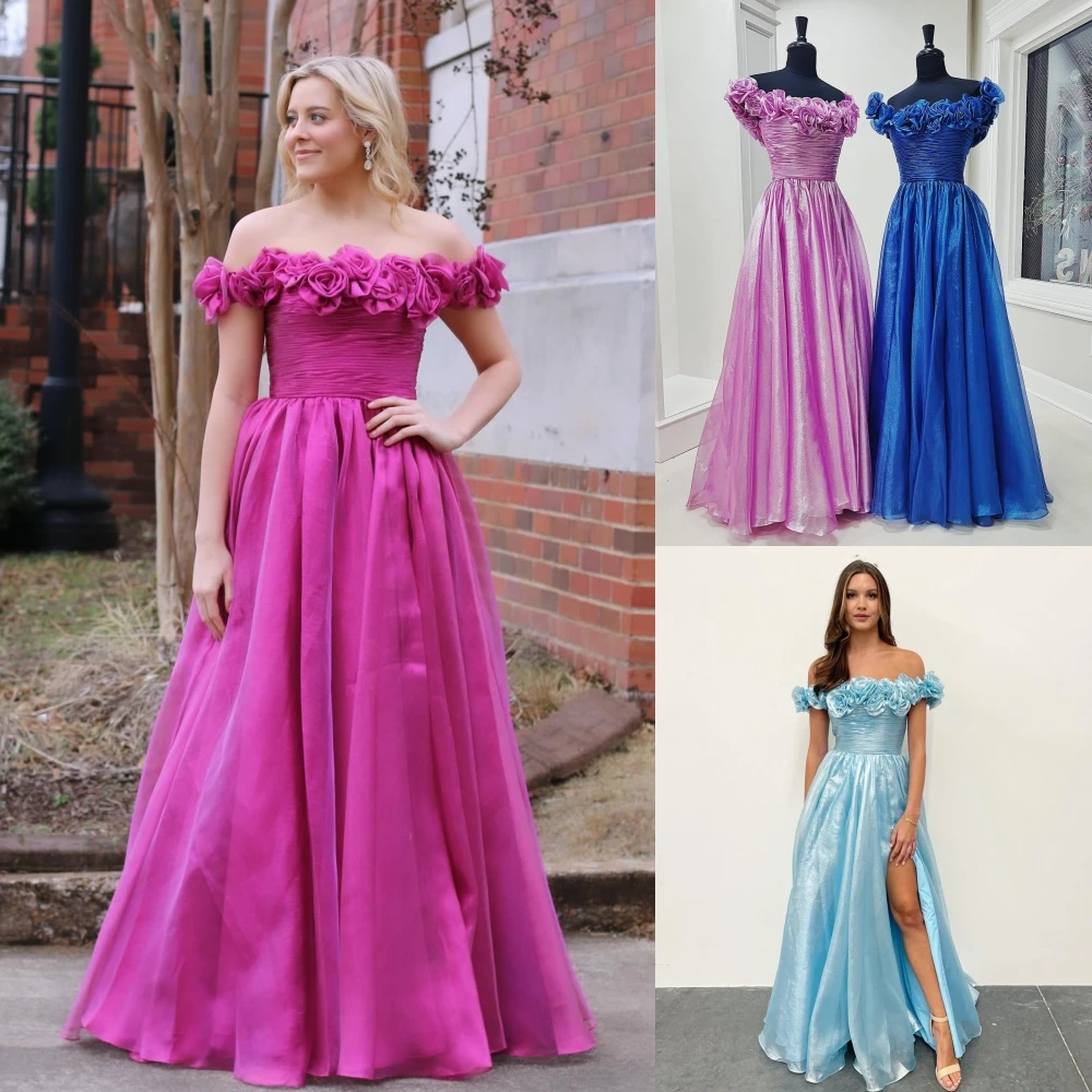 Glitter Tulle Prom Dress Rosette Off-Shoulder Winter Formal Evening Party Gown Special Occasion Pageant Golden Globe Award Rose