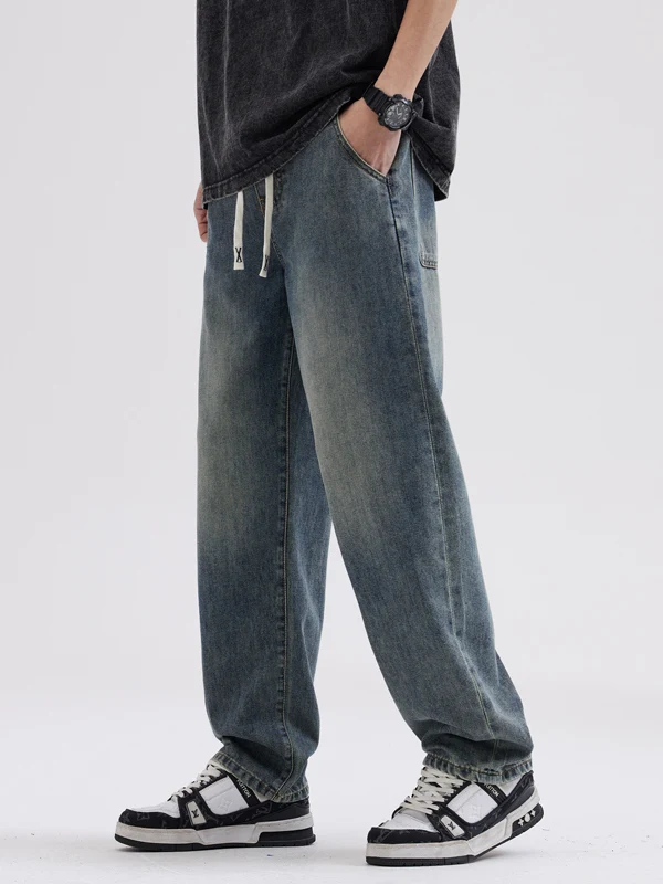 

Мужские джинсы в стиле ретро, широкие, свободного кроя, прямые, с высокой талией, из прочного хлопка и полиэстера, молодежный стиль