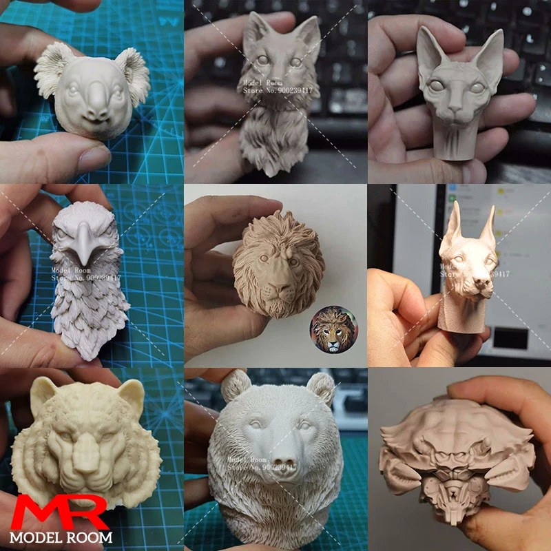 Unpainted 1/6 Scale Animal Lion Fox Tiger Cat Dog Bear Head Sculpt Carving Model Fit 12-inch Soldier Action Figure Body