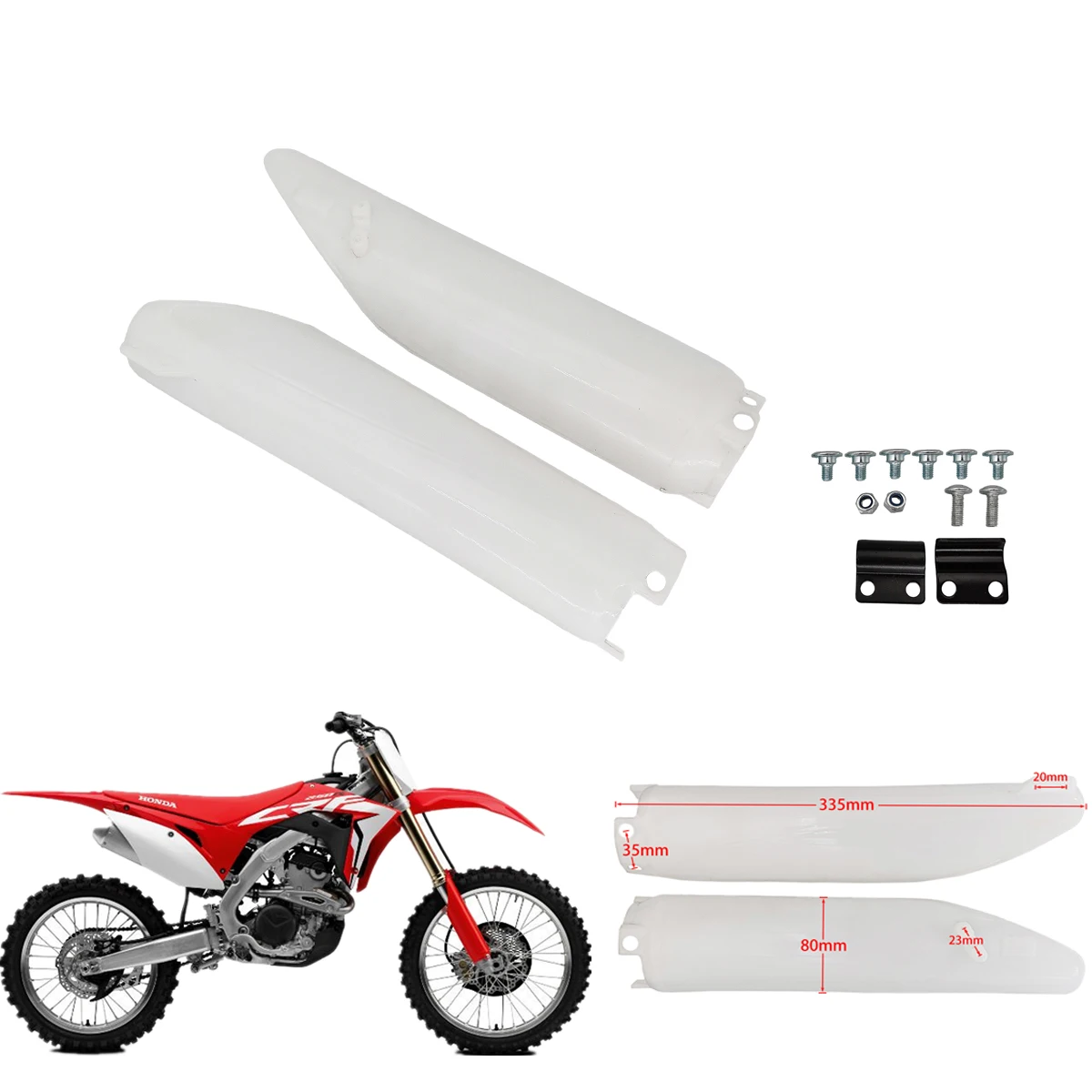 

Supermoto Enduro White Plastic Fork Guard Plate Motorcycle Shock Absorber Cover Protection W/ Bolt Tube Clamp For HONDA CRF