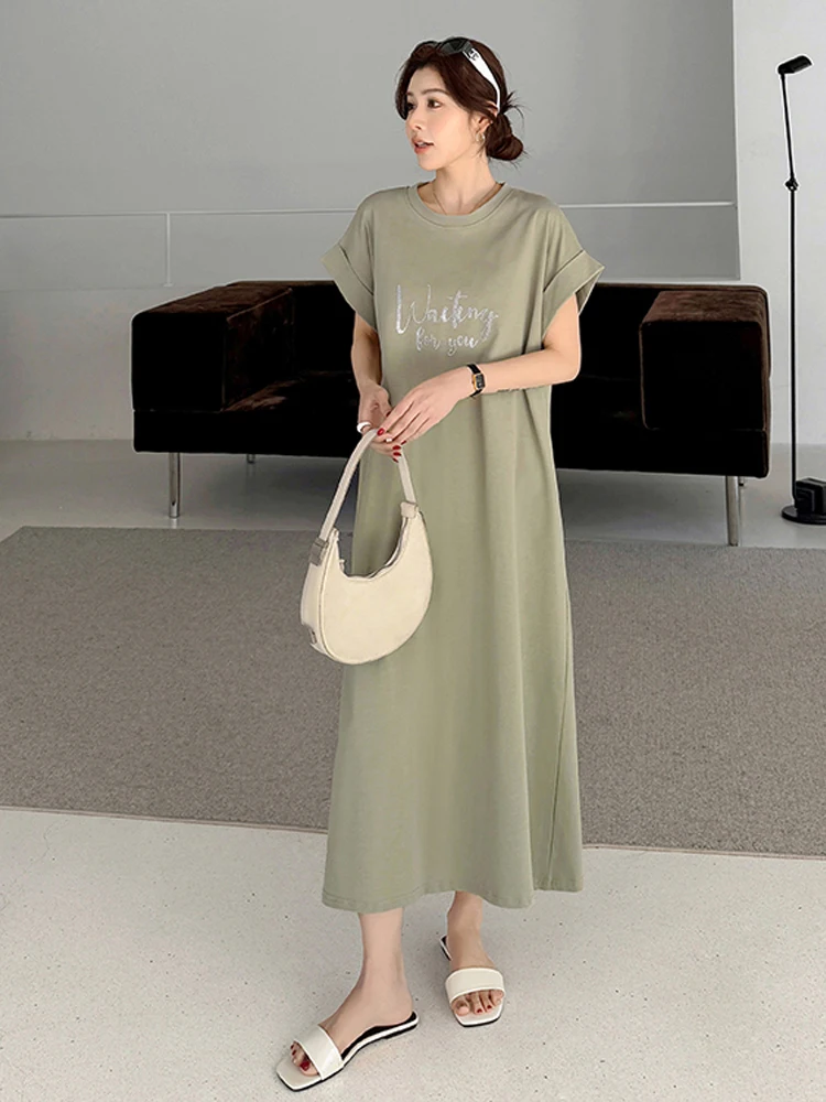 NYFS فستان صيفي 2025 كوريا نمط المرأة فضفاضة حجم كبير كم قصير إلكتروني طباعة فستان طويل رداء Elbise