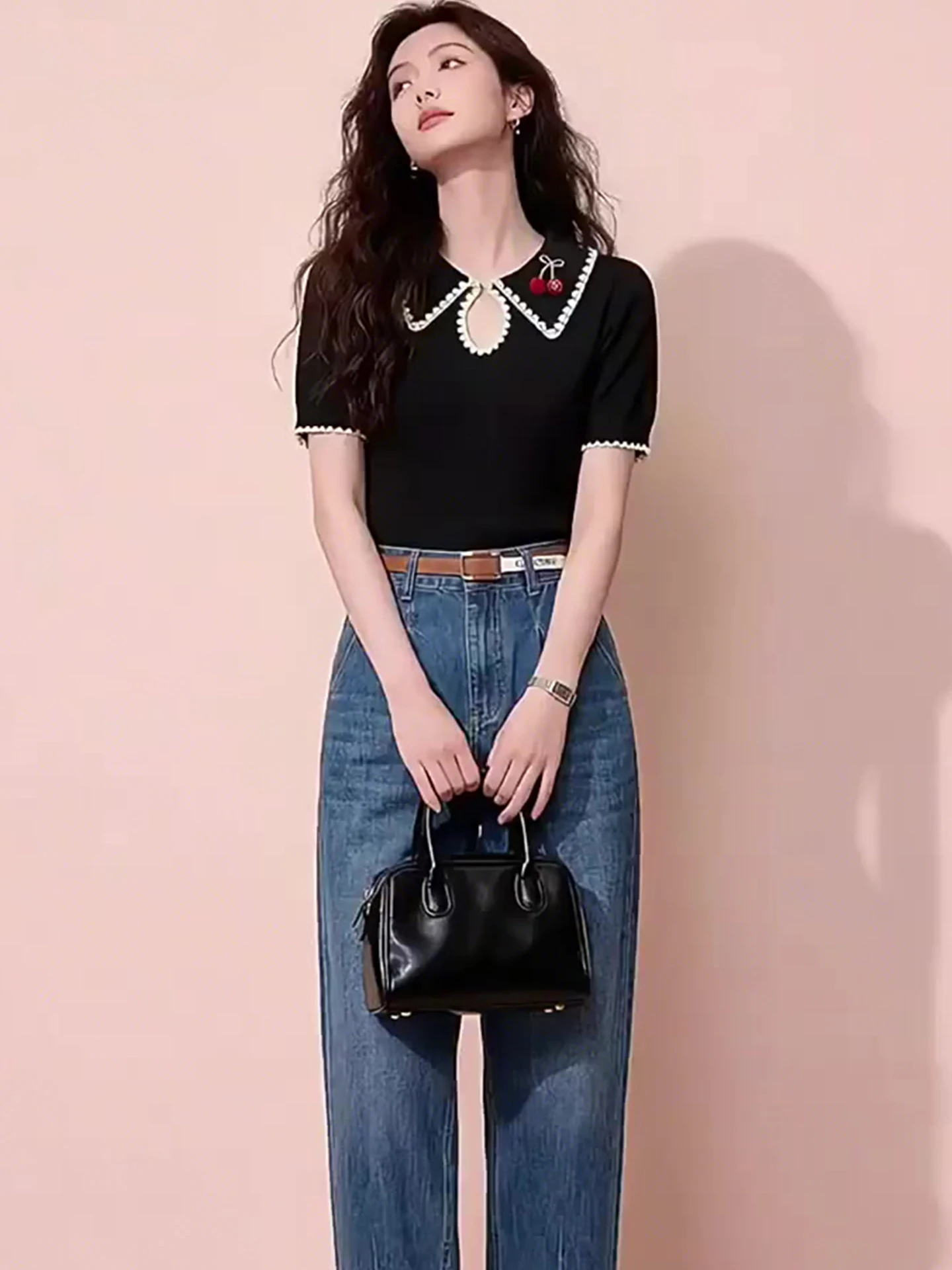 

Skin-friendly Short Sleeve T-shirt Hollow out Collar Design Versatile Comfortable Women's Summer Fashion Commute Style Top
