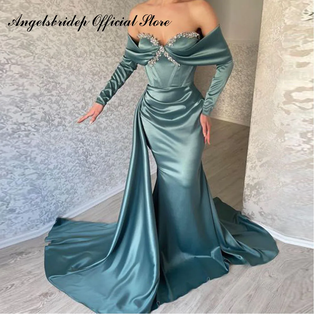 

Angelsbridep Mermaid Saudi Arabia Evening Dresses 2022 Long Sleeves Sweetheart With Crystals Women Abendkleider Robes De Soirée