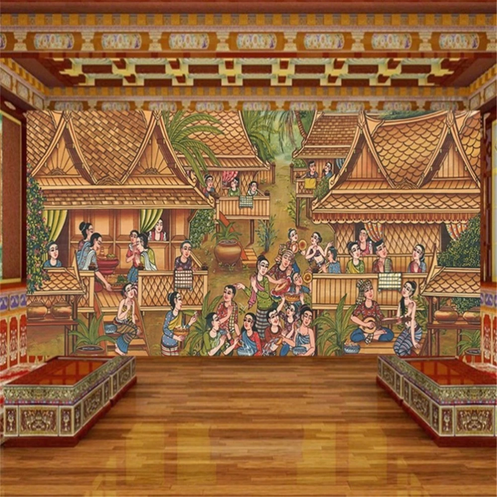 custom Southeast Asian Thai wall paper decoration mural background wallpaper village figure oil painting wallpapers living room