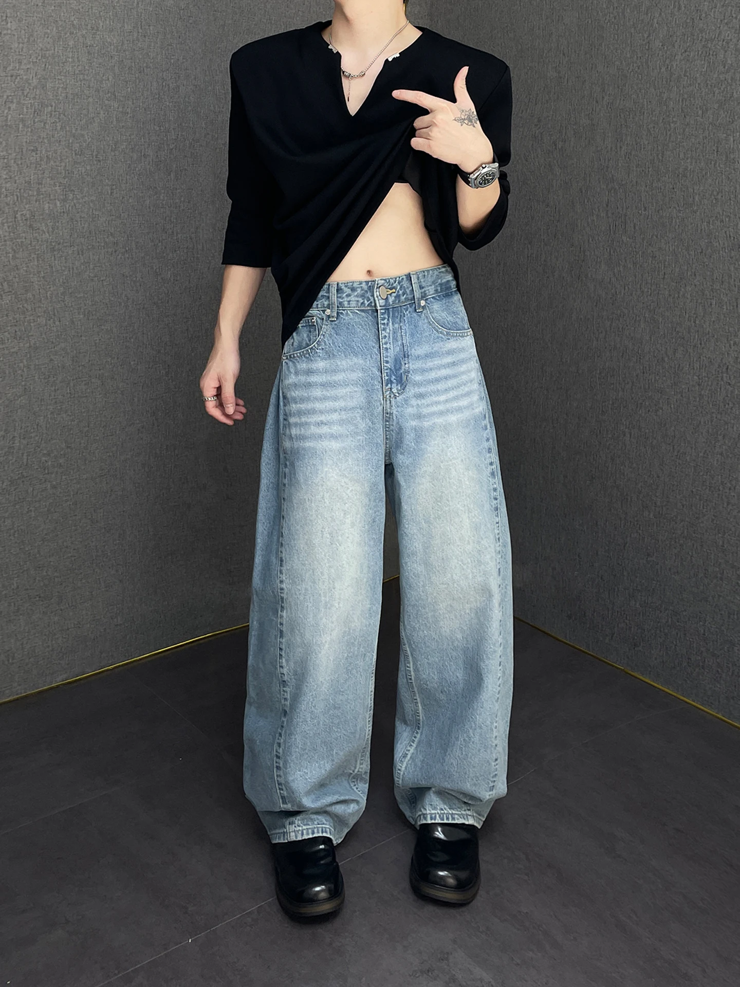 

Мужские джинсы с низкой посадкой, свободного кроя, из американского денима, с эффектом потертости, весенне-осенние, повседневные, широкие брюки, молодежные модные джинсы