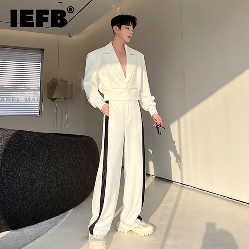 IEFB Korean New Fashion Men\'s Sets Two-piece Solid Color Short Jacket Suit Strip Wide Leg Pants Casual Trend Male Suit 9A7744