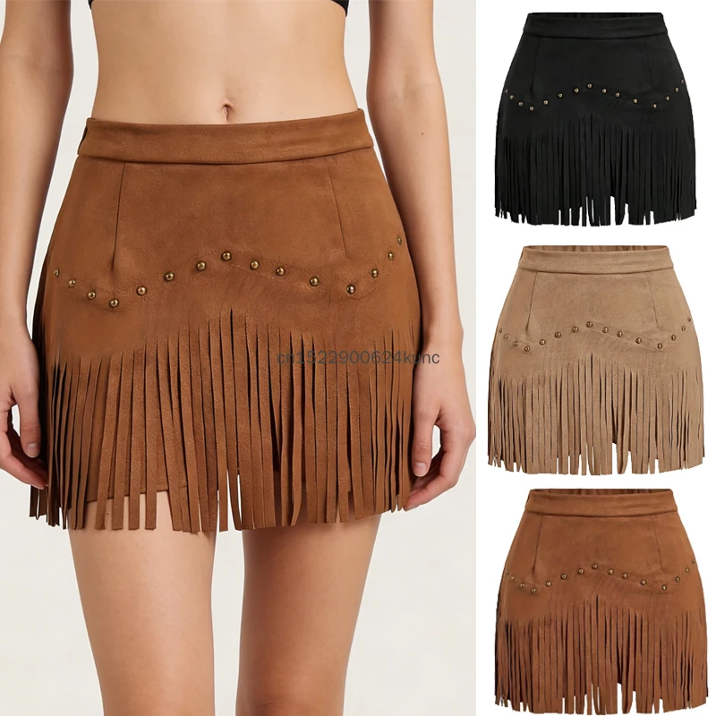 

New Women Vintage Suede Fringe Mini Skirt Elegant High Waist Vacation Style Tassel Short Skirt Female Fashion Rivet Design Skirt