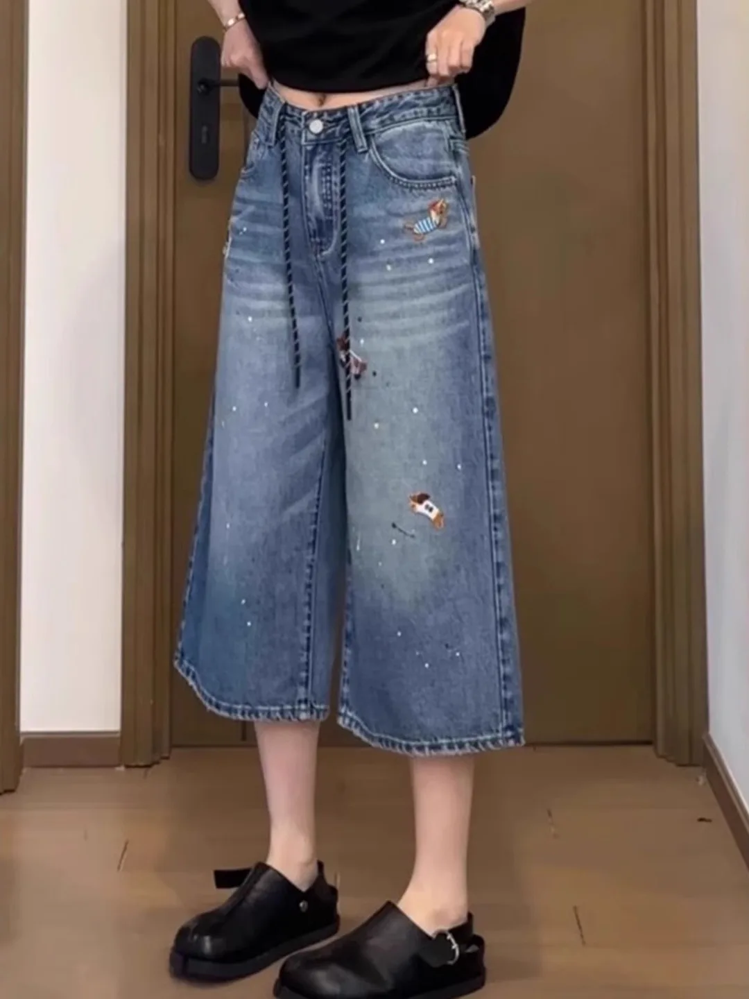 

Retro American Style Seven-Foot Pants Summer Fun Dog Embroidery Wide-Leg Jeans Casual High Waist Cotton Blue Denim Women's Cl...