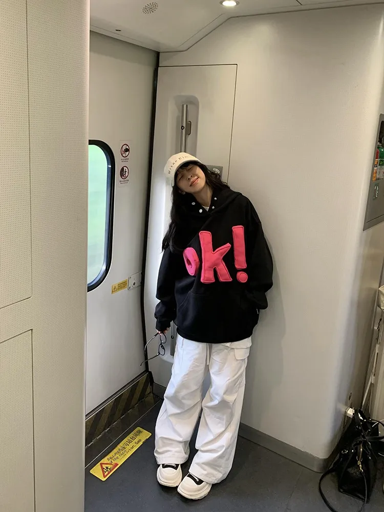 

Американская толстовка-худи оверсайз для женщин, свободного кроя, с надписями, повседневная верхняя одежда, осенне-зимняя модная уличная одежда