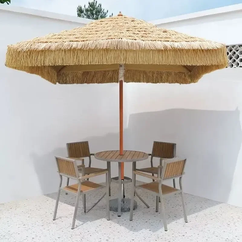 Outdoor Thatched Parasol Aluminum Alloy Mid Column Umbrella Garden Holiday Wind Sun Shade for Patio Beach Camping