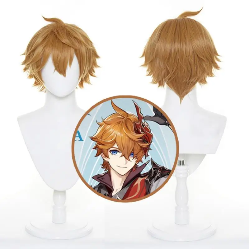Anime Genshin Impact Ajax Herren Cosplay Perücken Kostüme Kopfbedeckung 30cm Lange Simulierte Kopfhaut Dicke Gemischte Voluminöse Lange Haarperücken – Detail 1