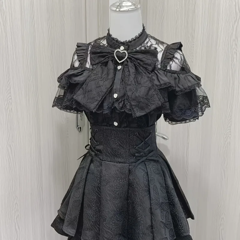 Bow Y2K Short Sleeve Tee Lace Lolita JK T-Shirt Blouse Summer Gothic Kawaii Solid Stand Collar Top Women Cosplay Party Outfit