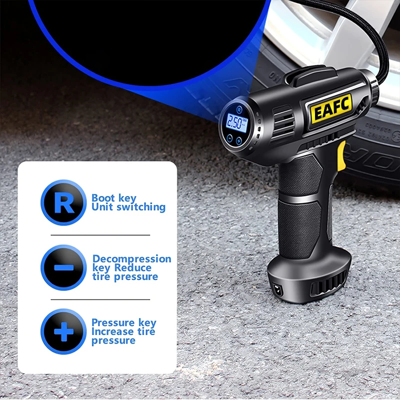 EAFC 120W Bezprzewodowa/przewodowa ręczna pompka samochodowa do pompowania opon Przenośny kompresor powietrza Elektryczny pompka do opon samochodowych z oświetleniem LED
