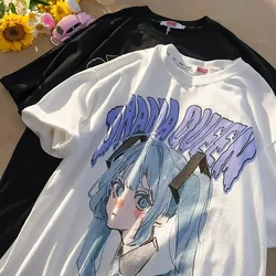 Camiseta con estampado de Anime Harajuku para mujer, camisetas holgadas de manga corta Y2k estéticas Kawaii, camiseta de gran tamaño a la moda