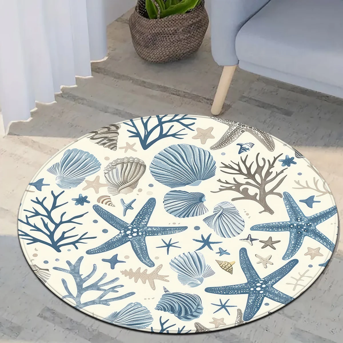 

1 piece ocean world starfish shell coral pattern round rug, crystal velvet fabric, suitable for bedroom living room decoration