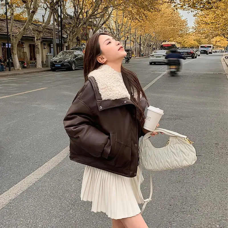 New Women's Imitation Sheepskin Cotton Clothes, Autumn Winter, Lamb Wool Down Cotton Jacket Female Turn Fur Collar Padded Jacket