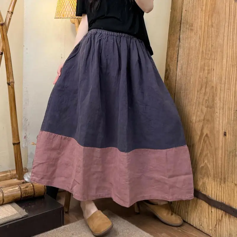 

New Spring Summer Arts Style Women Elastic Waist Loose Long Skirt All-matched Casual Patchwork Cotton Linen A-line Skirts HT66