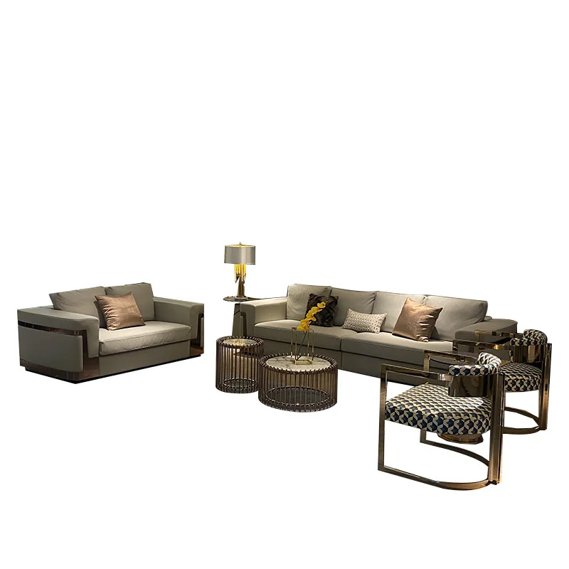 

Light luxury leather sofa living room straight row three-person sofa villa hotel lobby reception negotiation luxury