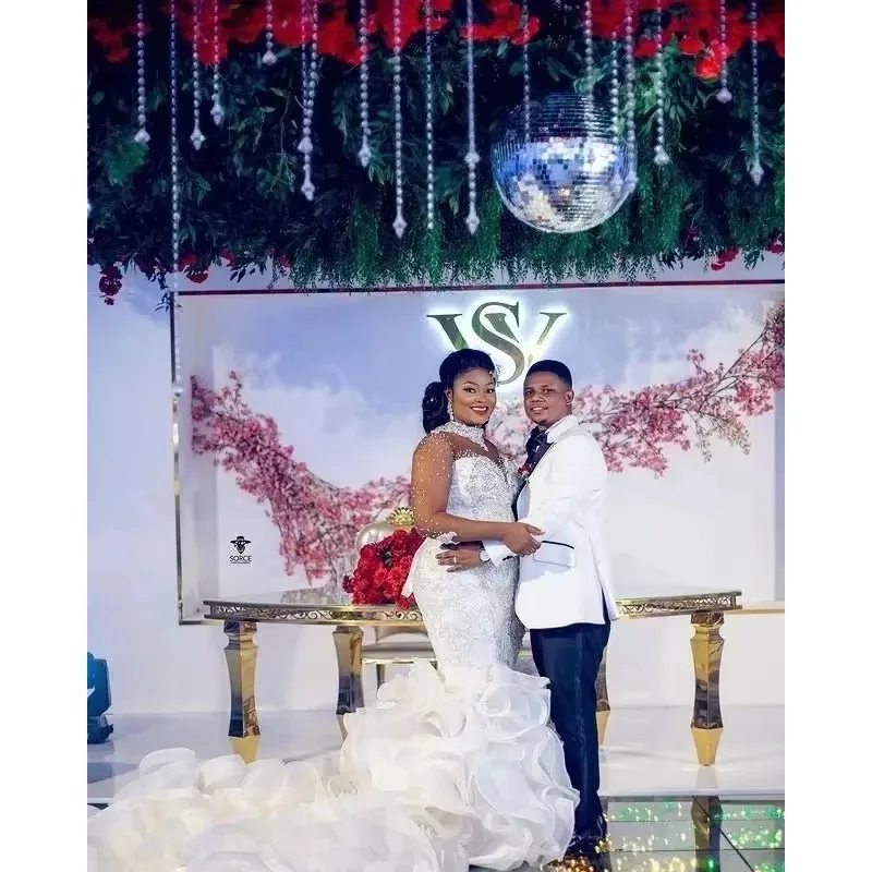 

Customized Ruffles Long Train Mermaid Wedding Dresses Sexy Arabic Illusion High Neck Lace Appliques Crystal Beads Long Sleeves P