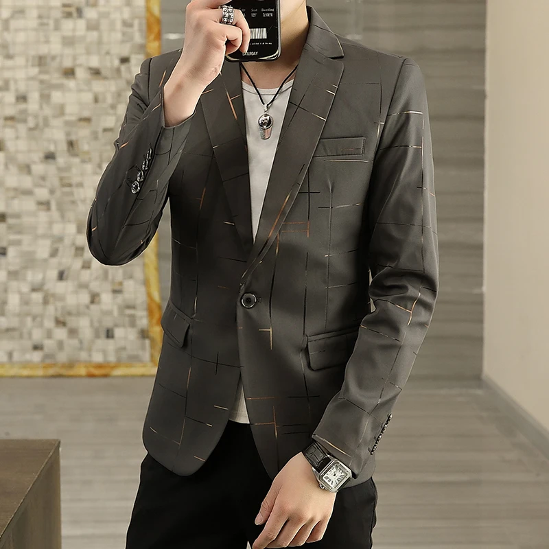 2024 Autumn Gold Striped Men's Suit Jacket Korean Slim Fit Casual Blazers Social Office Hairstylist Dress Coat Men Clothing