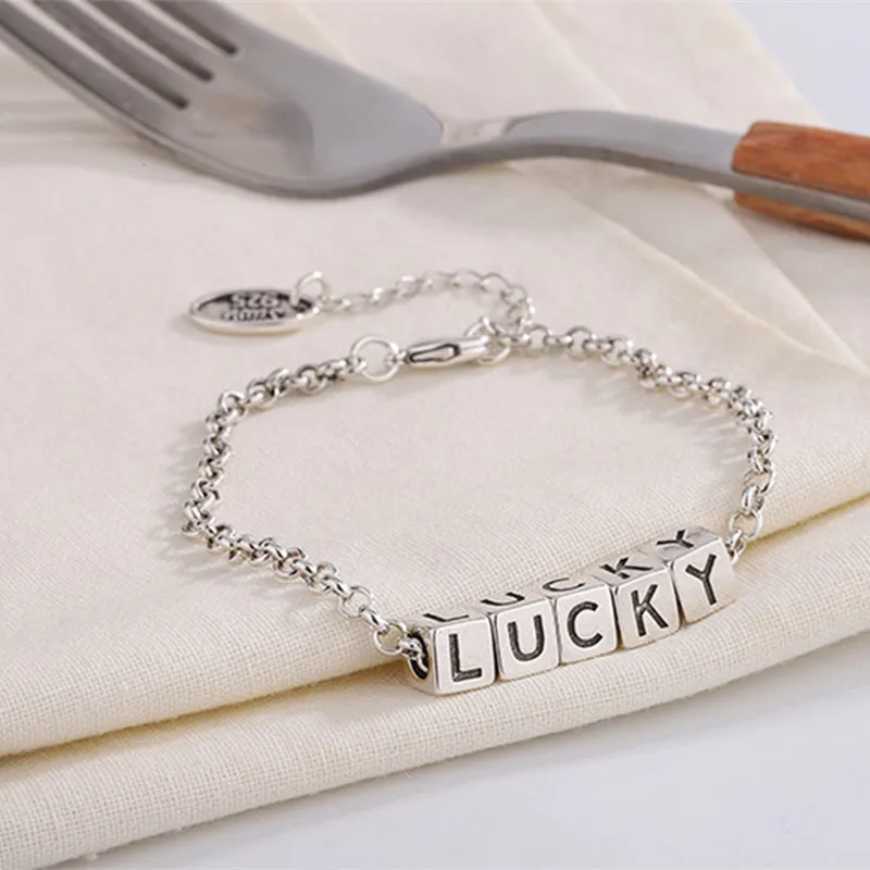 

Buyee 925 Sterling Silver Couples Bracelets Stamp LUCKY Bead Bracelets Chain for Women Men Fashion Fine Jewelry Bracelets Gift