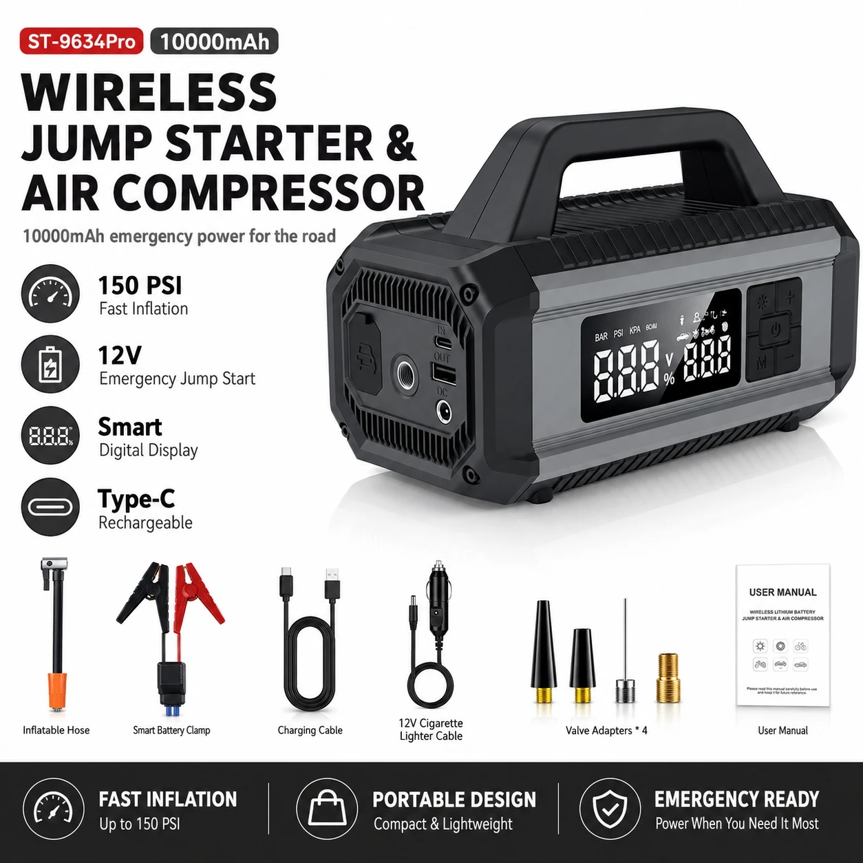 Car Jump Starter with Air Pump, 12V Battery Booster with Digital Display for Emergency Starting and Tire Inflation in Cars, SUVs