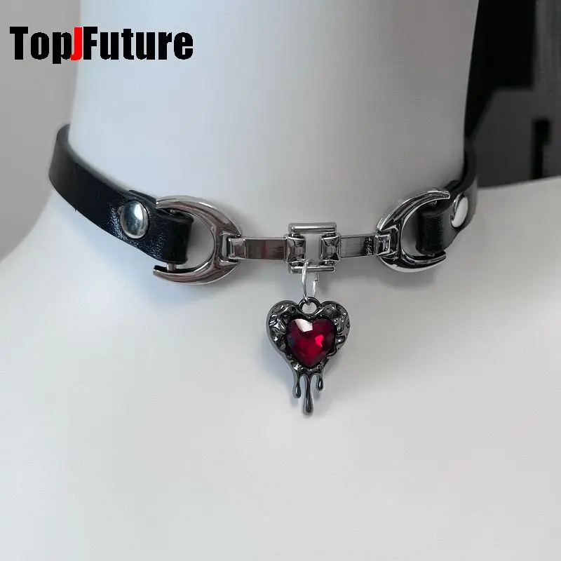 Subculture Y2K Girls Dark Punk Japanese style Faux leather red heart-shaped pendant black choker necklace