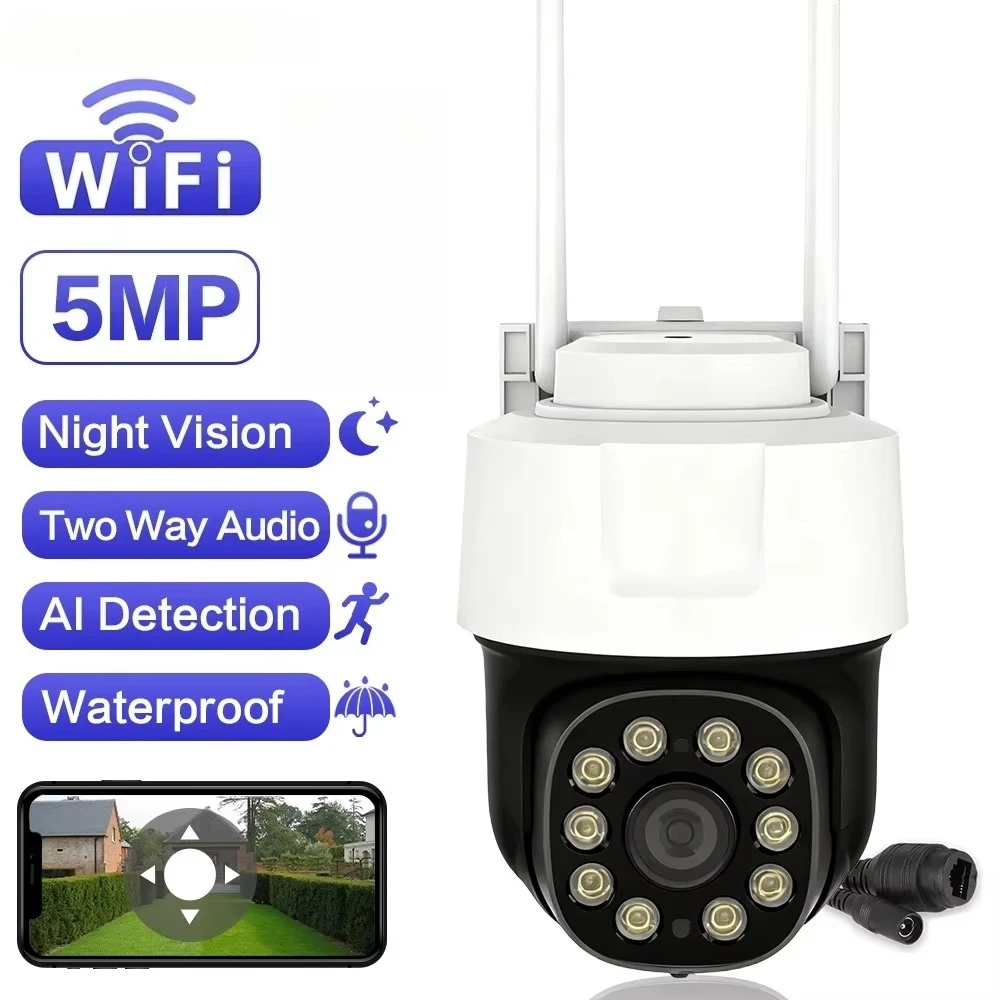 

5MP уличная водонепроницаемая Wi-Fi PTZ камера безопасности обнаружения человека автоматическое отслеживание беспроводная камера видеонаблюдения Smart Life