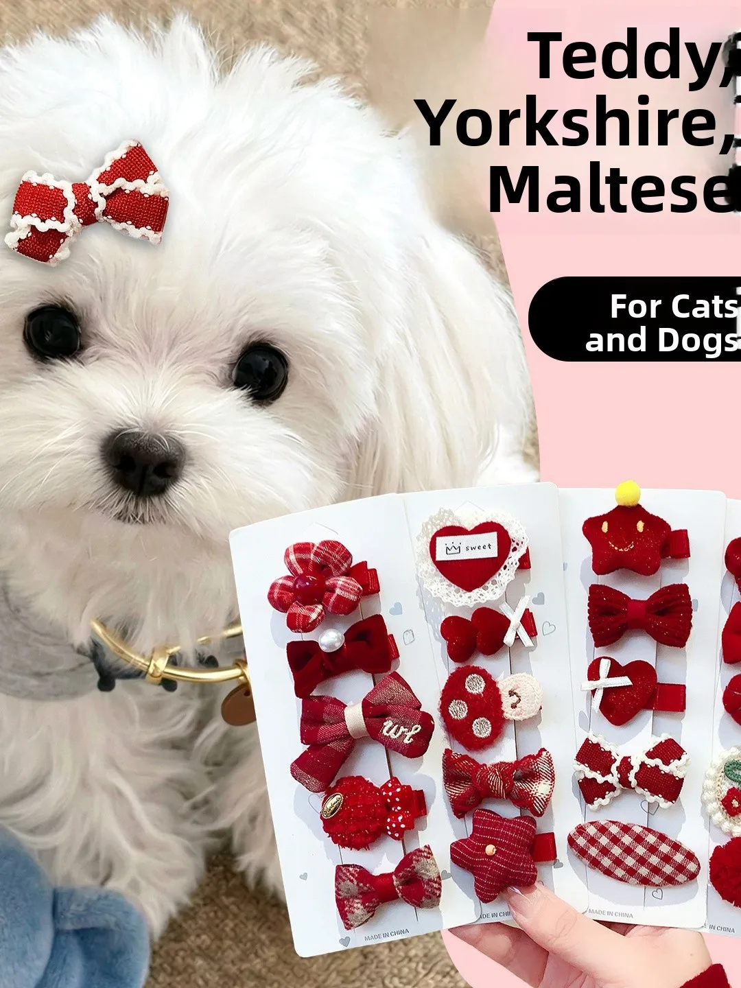 Handmade Red Pet Hair Clips for Small Dogs Yorkie Maltese Puppy Universal  Dog Hair Accessories New Year Headwear