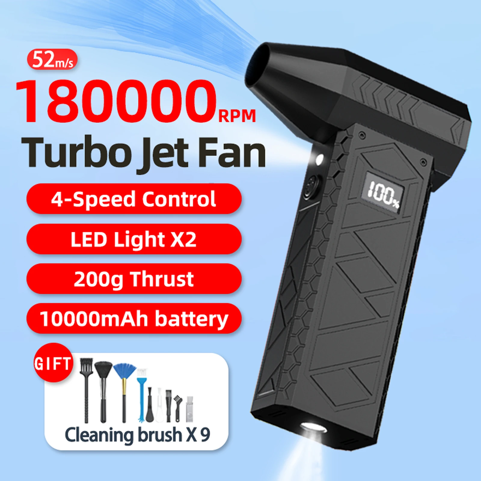 180000 RPM Turbo Jet Fan 2 LED Lighting Battery Level Display Powerful Air Blower 4 Gear Speed Turbo Jet Blower Dust Blowing