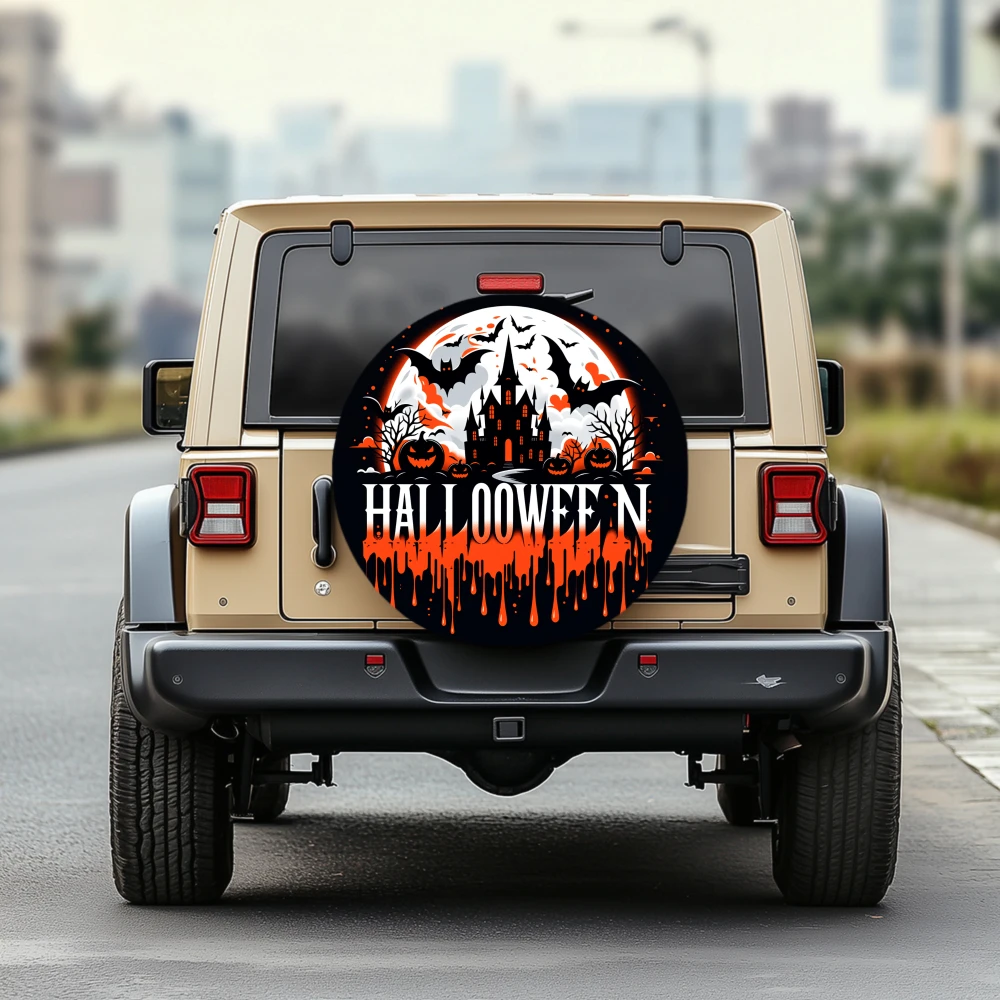 1pc 30/34 Inch Multi-Functional Spare Tire Cover For Jeep Trailer RV Offroad Truck Camper Vehicles With Halloween Castle And Bat
