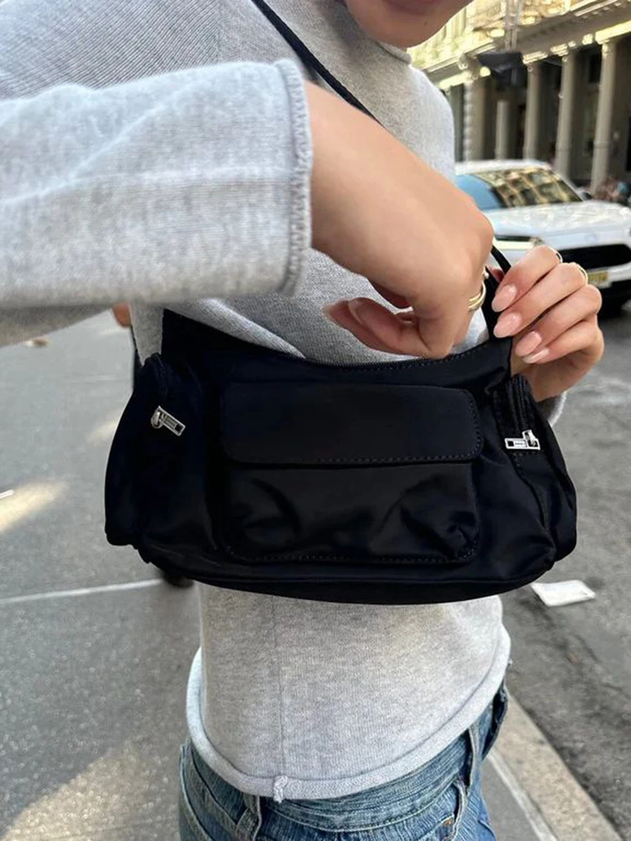 Bolso de hombro negro con bolsillos Vintage para mujer, bolsos de alta calidad con cremallera para las axilas, bolsos femeninos de moda de calle