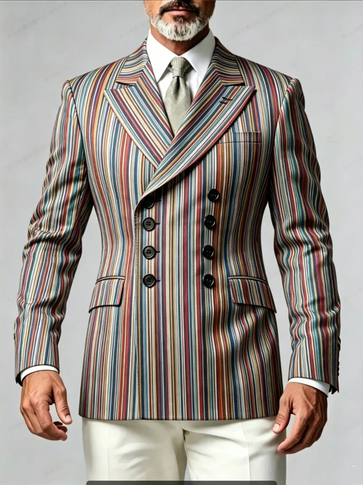 Mens Slim Fit Multicolor Vertical Stripe Double Breasted Suit Jacket Fashion Business Blazer